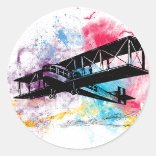 Vliegtuig met kleurrijke wolken Ronde Sticker