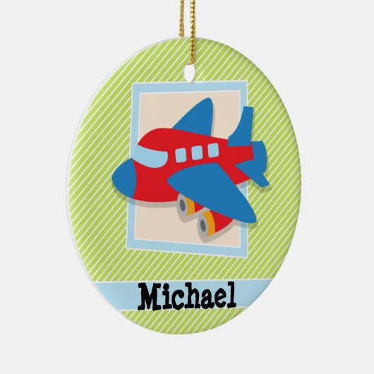 Vliegtuig met lakgroene & witte strepen keramisch ornament (Rechts)