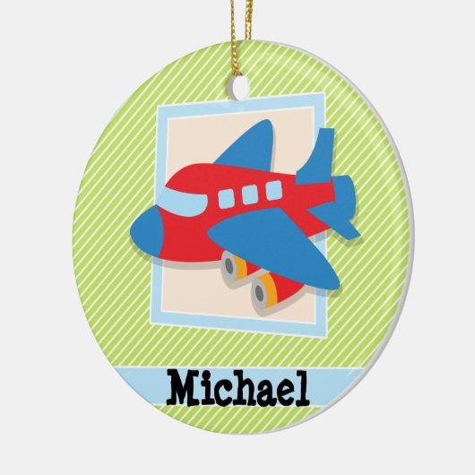 Vliegtuig met lakgroene & witte strepen keramisch ornament (Links)