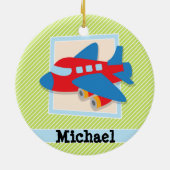 Vliegtuig met lakgroene & witte strepen keramisch ornament (Achterkant)