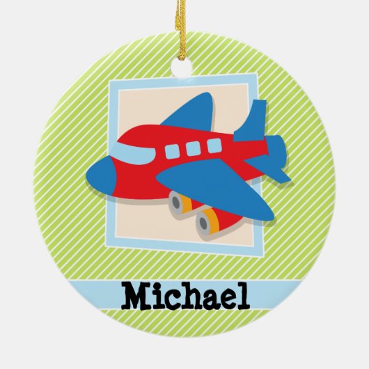 Vliegtuig met lakgroene & witte strepen keramisch ornament (Achterkant)