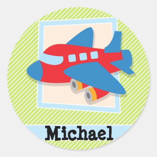 Vliegtuig met lakgroene & witte strepen ronde sticker (Voorkant)