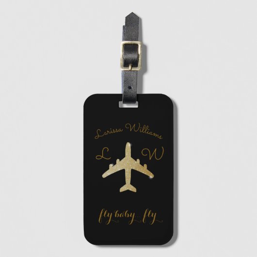 Vliegtuig met naam & Initialen, Golden Travel Bagagelabel (Voorkant (verticaal))