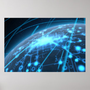 Vliegtuig met verlicht netwerk- en lichtspoor poster