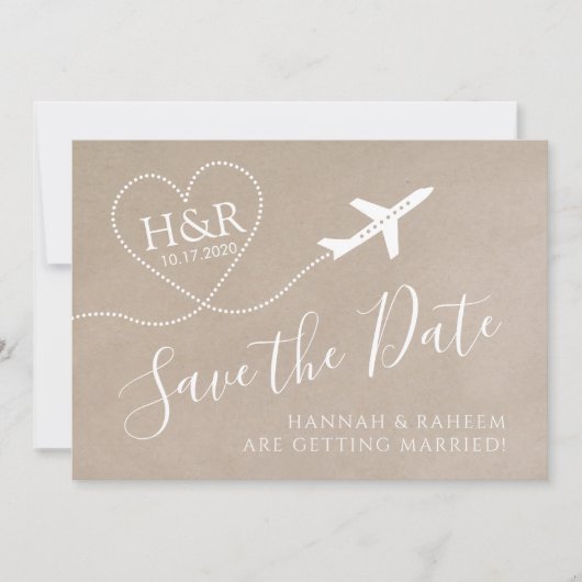 Vliegtuig Monogram Kraft Destination Wedding Save The Date (Voorkant)