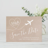 Vliegtuig Monogram Kraft Destination Wedding Save The Date (Staand voorkant)