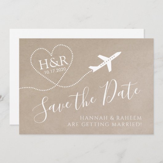 Vliegtuig Monogram Kraft Destination Wedding Save The Date (Voorkant / Achterkant)