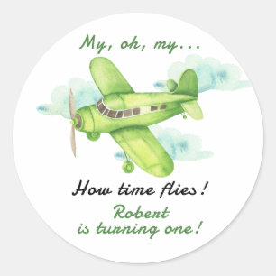 Vliegtuig Oh Mijn Tijd vliegt Eerste Verjaardag Ronde Sticker