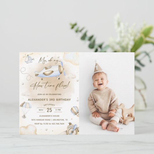 Vliegtuig Oh My Time Flies Reis Verjaardag Foto Kaart (Staand voorkant)