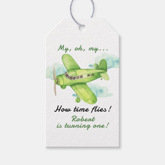 Vliegtuig Oh My Time vliegt Reis Eerste Verjaardag Cadeaulabel (Voorkant)