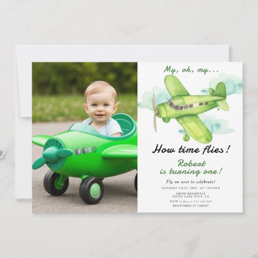 Vliegtuig Oh My Time vliegt Reis Eerste Verjaardag Kaart (Voorkant)