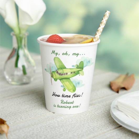 Vliegtuig Oh My Time vliegt Reis Eerste Verjaardag Papieren Bekers (Insitu)