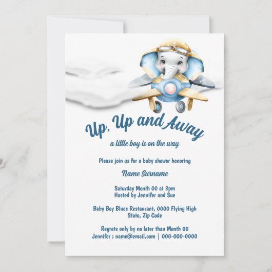 Vliegtuig olifant baby shower jongens piloot vlieg kaart (Voorkant)