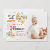 Vliegtuig omhoog & weg 3e verjaardag partij foto kaart (Voorkant)