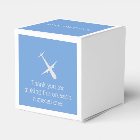 Vliegtuig op blauw gepersonaliseerd bedankdoosjes (Achterkant)