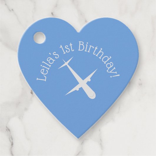 Vliegtuig op blauw gepersonaliseerd hart bedankjes labels (Voorkant)