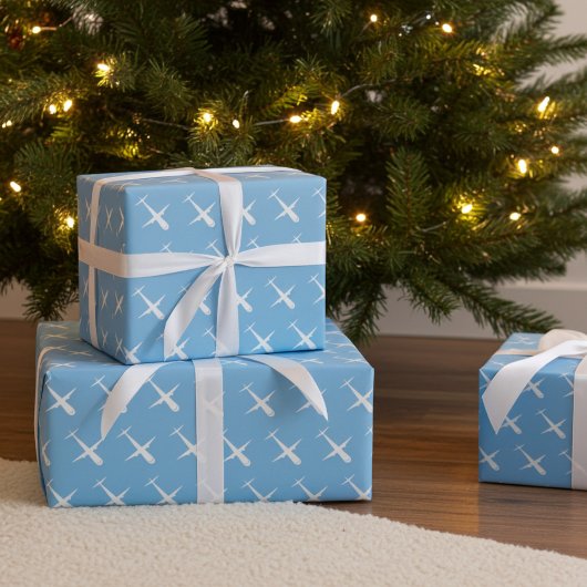 Vliegtuig op blauwe, elegante Patroon Pilot Verjaa Cadeaupapier