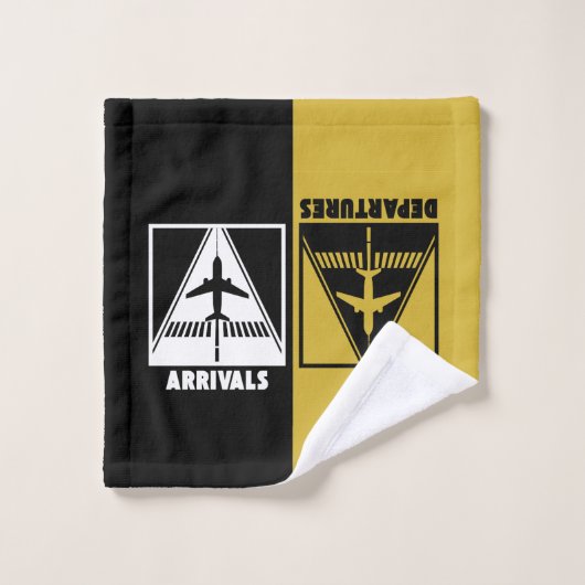 Vliegtuig op landingsbaan met aankomsten, vertrek, bad handdoek (Wasdoekje)