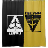 Vliegtuig op landingsbaan met aankomsten, vertrek, douchegordijn (Voorkant)