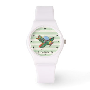  vliegtuig op Pastel Green Stripes Horloge