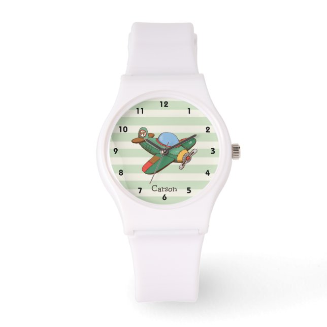  vliegtuig op Pastel Green Stripes Horloge (Voorkant)