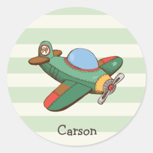  vliegtuig op Pastel Green Stripes Ronde Sticker