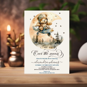 Vliegtuig over de Maan Teddybeer Baby shower Kaart
