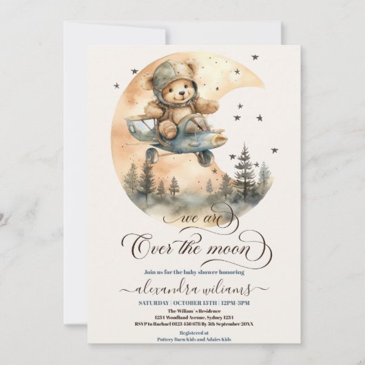 Vliegtuig over de Maan Teddybeer Baby shower Kaart (Voorkant)