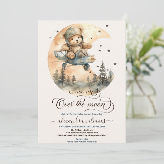 Vliegtuig over de Maan Teddybeer Baby shower Kaart (Staand voorkant)