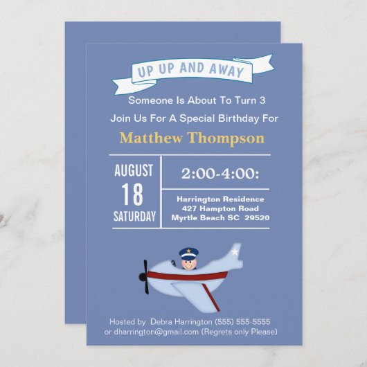 Vliegtuig Pilot Birthday Party Invitation for Kids Kaart (Voorkant / Achterkant)