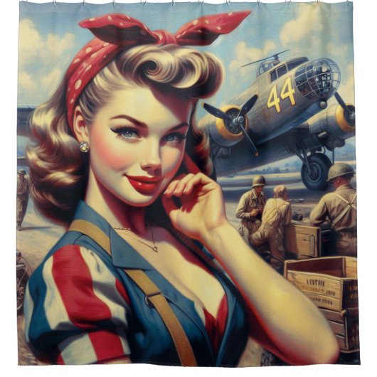 Vliegtuig Pin Up Douchegordijn (Voorkant)