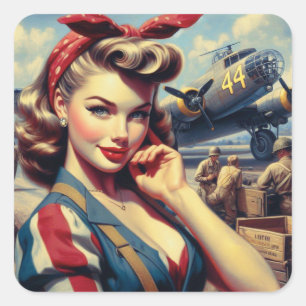  Vliegtuig Pin Up Vierkante Sticker