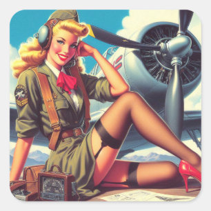  vliegtuig Pin-Up Vierkante Sticker
