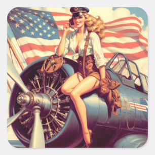 vliegtuig Pin-up Vierkante Sticker