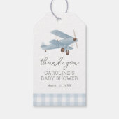  Vliegtuig Reizen Blue Gingham Baby shower Cadeaulabel (Voorkant)
