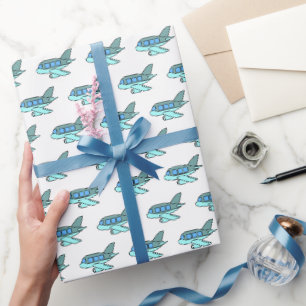 Vliegtuig Retro Blue Verjaardag Kinder Piloot Reiz Cadeaupapier