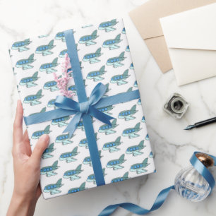 Vliegtuig Retro Blue Verjaardag Kinder Piloot Reiz Cadeaupapier
