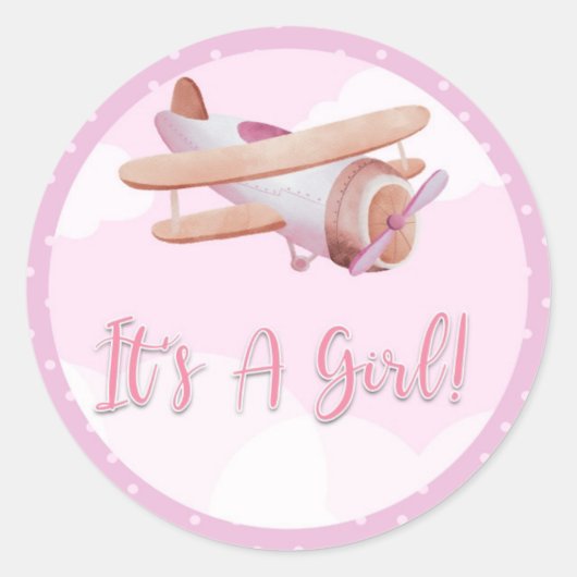 Vliegtuig roze Baby shower Sticker Het is een meis (Voorkant)