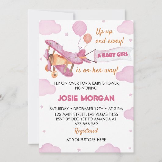  Vliegtuig Roze Meisje Baby shower Invitation Kaart (Voorkant)