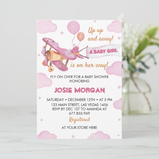  Vliegtuig Roze Meisje Baby shower Invitation Kaart (Staand voorkant)