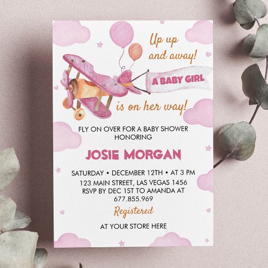 Vliegtuig Roze Meisje Baby shower Invitation Kaart