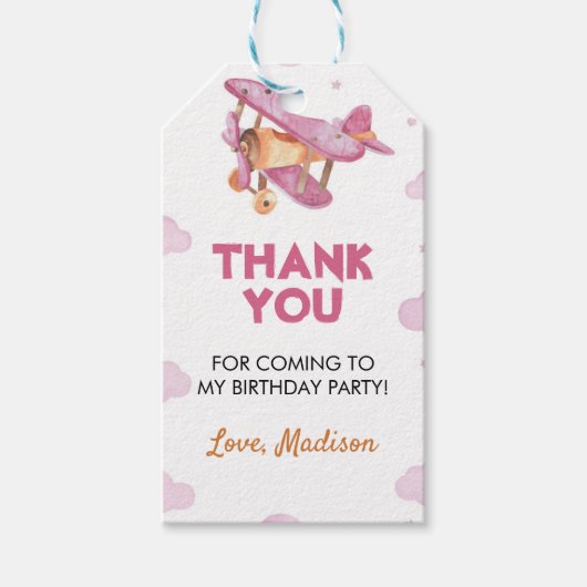  Vliegtuig Roze Meisje Dank u Label Cadeaulabel (Voorkant)