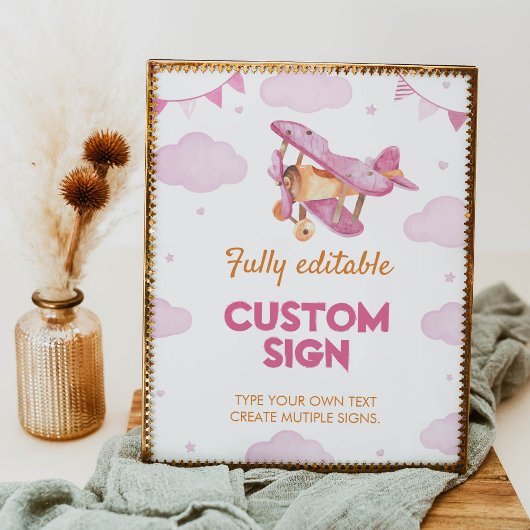 Vliegtuig Roze Meisje Verjaardagstabel Teken Poster