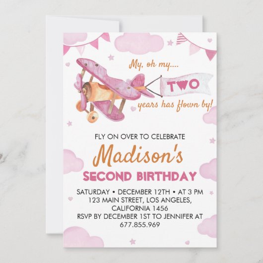  Vliegtuig Roze Meisje Verjaardagsuitnodiging Kaart (Voorkant)