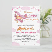  Vliegtuig Roze Meisje Verjaardagsuitnodiging Kaart (Staand voorkant)