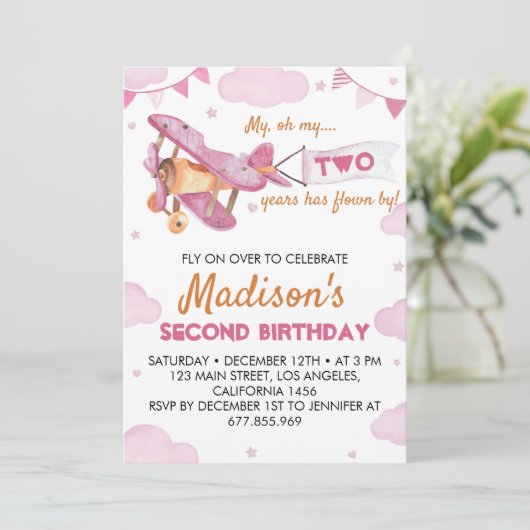 Vliegtuig Roze Meisje Verjaardagsuitnodiging Kaart (Staand voorkant)