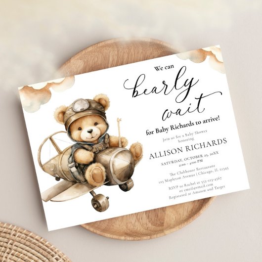 Vliegtuig schattige teddybeer jongen baby shower kaart