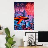 Vliegtuig, stad en vuurwerk | AI Art Poster (Thuiskantoor)
