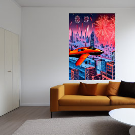 Vliegtuig, stad en vuurwerk | AI Art Poster