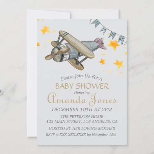  Vliegtuig Sterren Boy Baby shower Kaart (Voorkant)